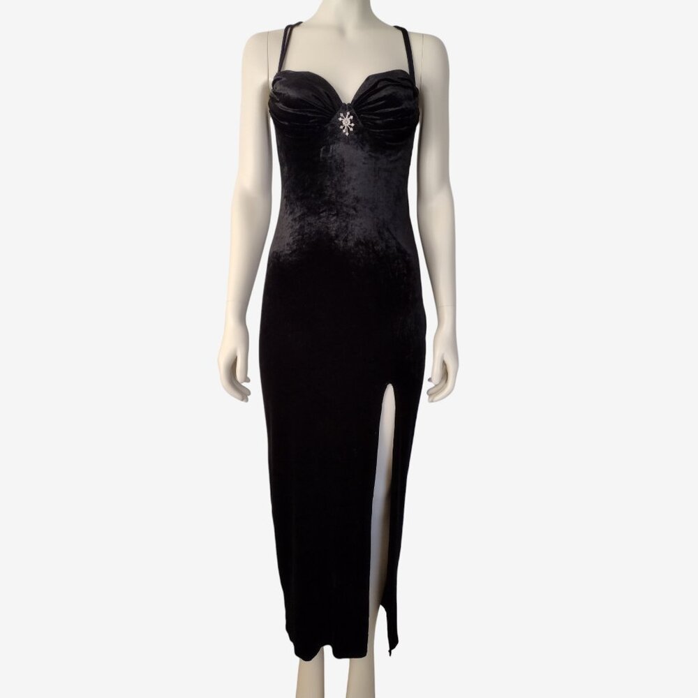 Vintage 1990s Black Velour Sweetheart Neck Side Slit Fitted Dress